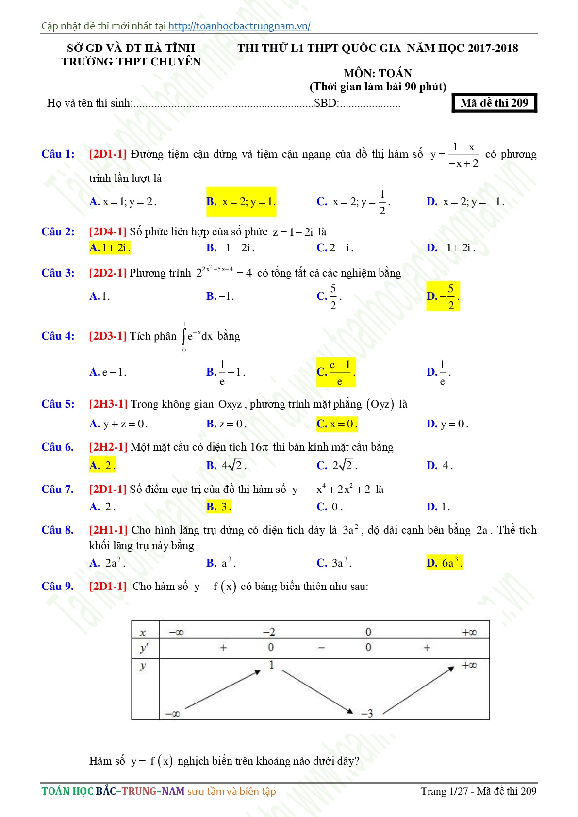 Đề 5: Đề thi thử THPTQG môn Toán năm 2018 Môn Toán THPT Chuyên - Hà Tĩnh lần 1 mã đề 209