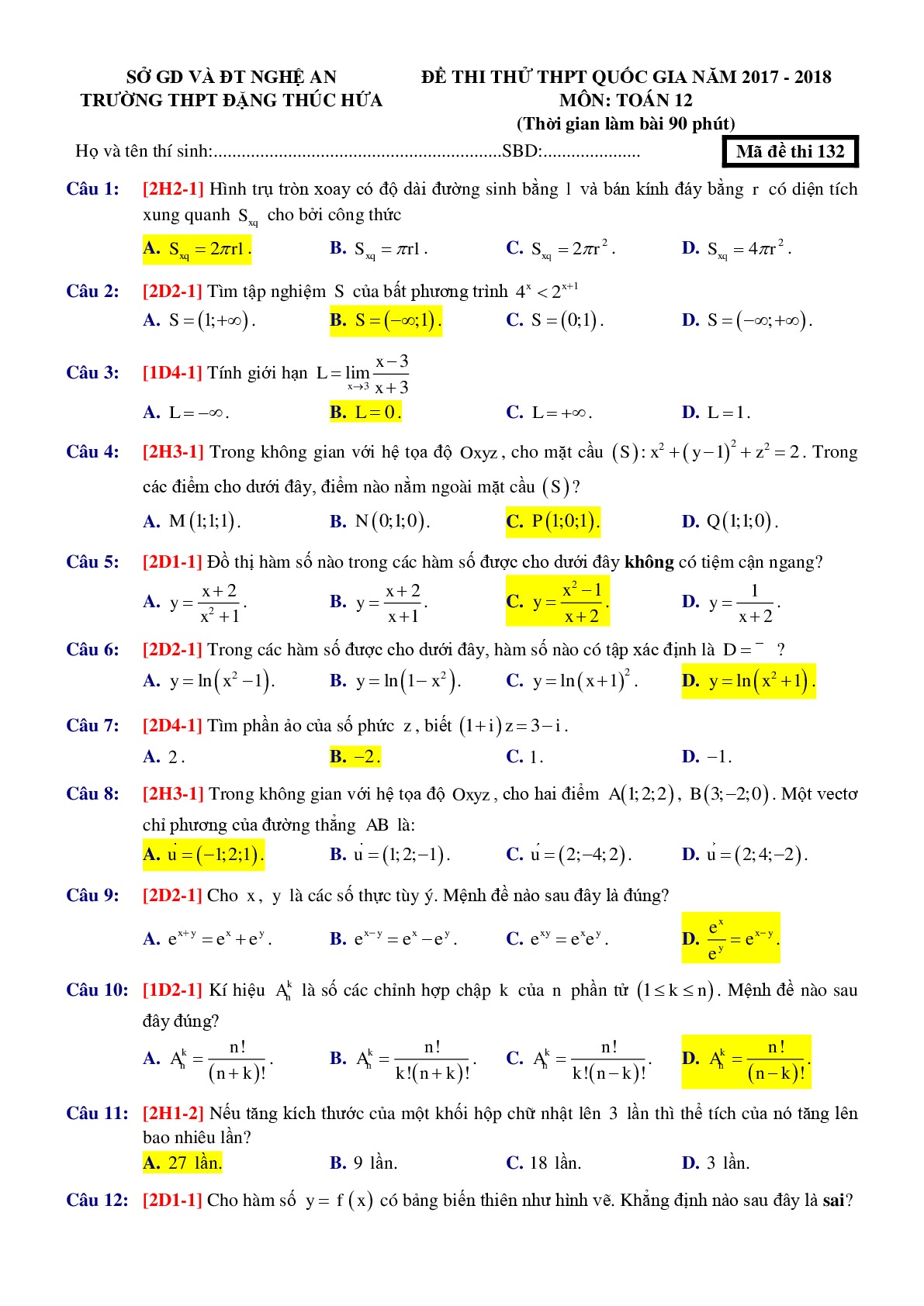 Đề 2: Đề thi thử THPTQG môn Toán năm 2018 Môn Toán Trường THPT Đặng Thúc Hứa - Nghệ An mã đề 132