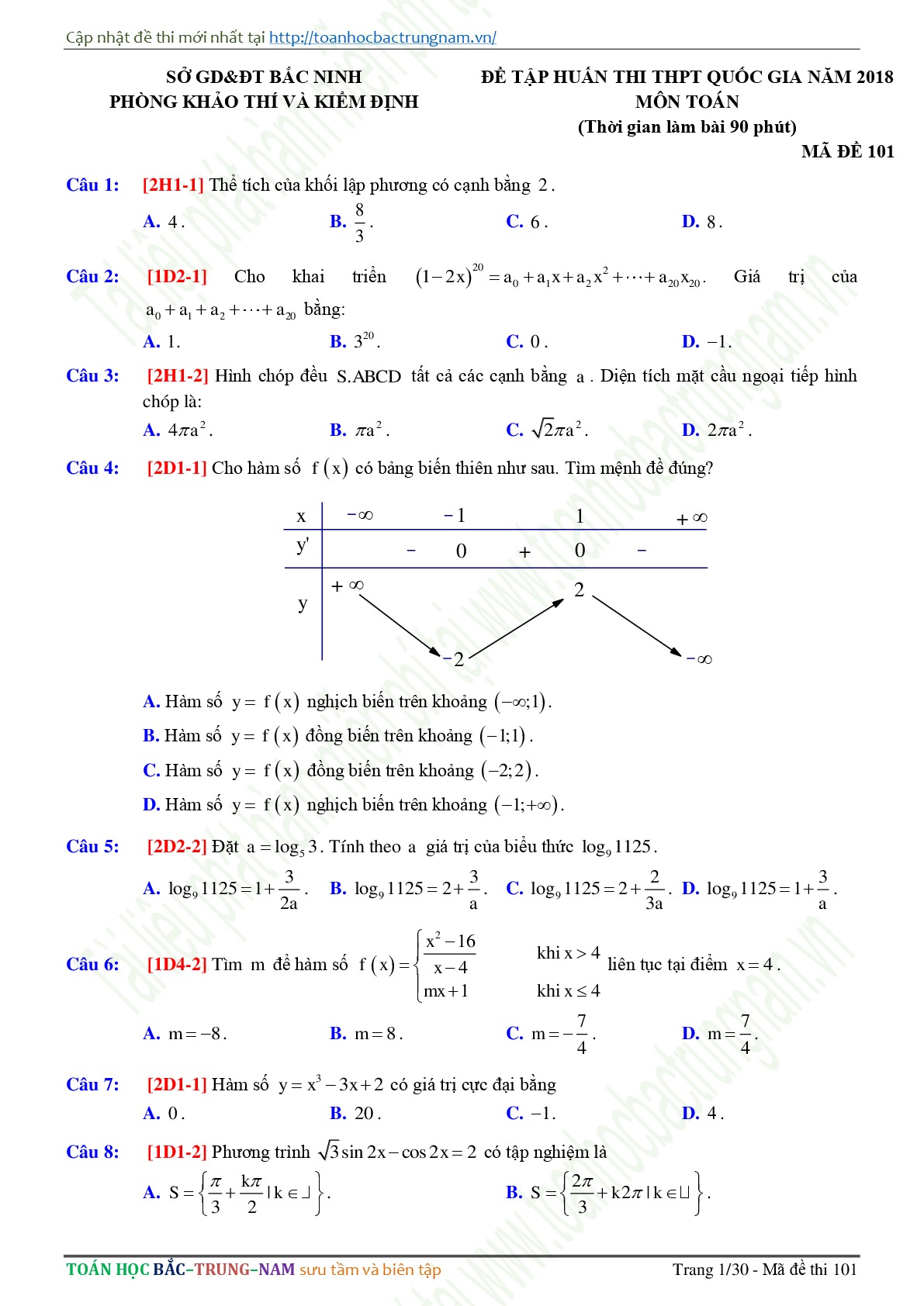 Đề 7: Đề thi thử THPTQG môn Toán năm 2018 Môn Toán Sở GD & ĐT Bắc Ninh - Phòng Khảo Sát và Thí Nghiệm mã đề 101