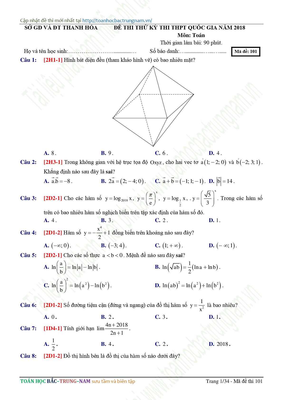 Đề 10: Đề thi thử THPTQG môn Toán năm 2018 Môn Toán Sở GD & ĐT Thanh Hóa lần 1 mã đề 101