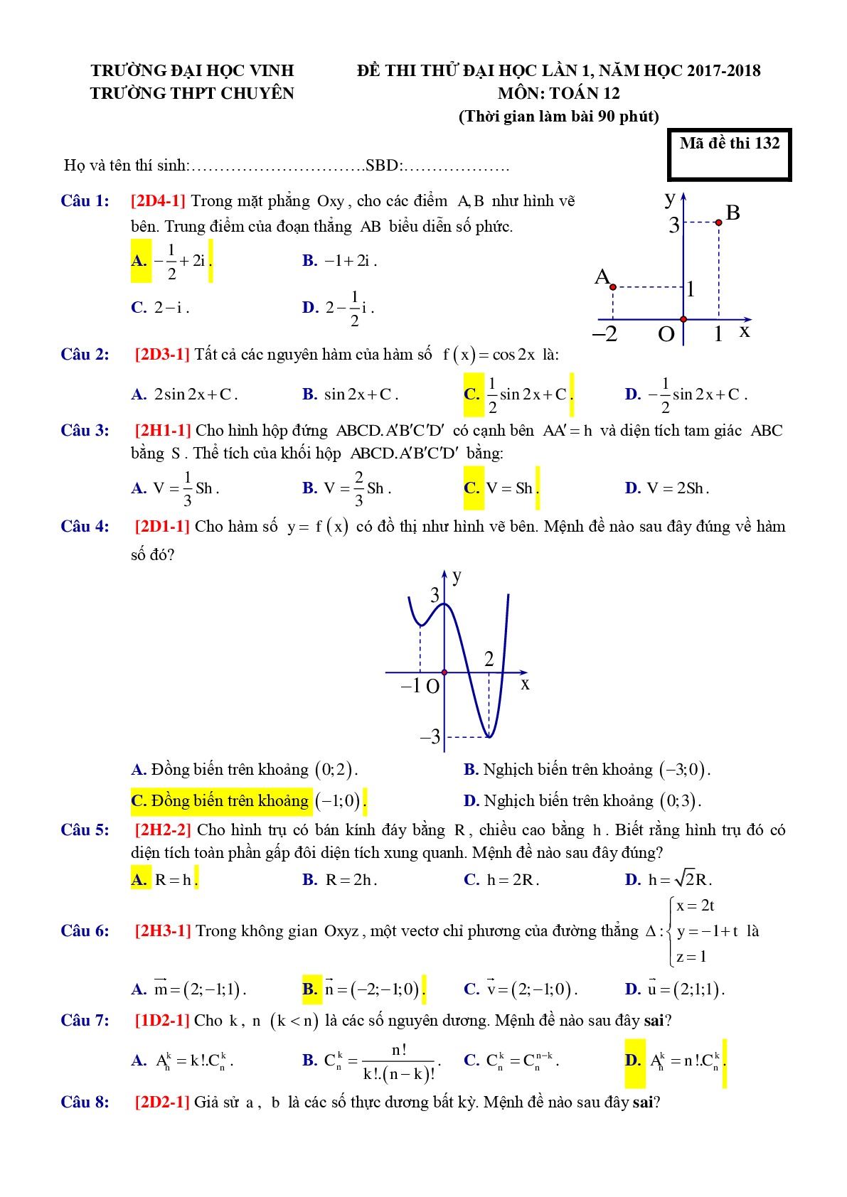 Đề 12: Đề thi thử THPTQG môn Toán năm 2018 Môn Toán Trường THPT Chuyên - Trường ĐH Vinh lần 1 mã đề 132