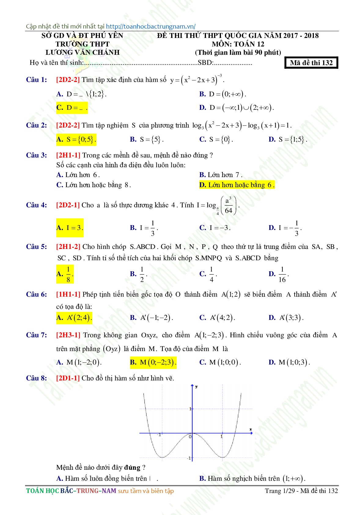 Đề 15: Đề thi thử THPTQG môn Toán năm 2018 Môn Toán Trường THPT Lương Văn Chánh - Phú Yên mã đề 132
