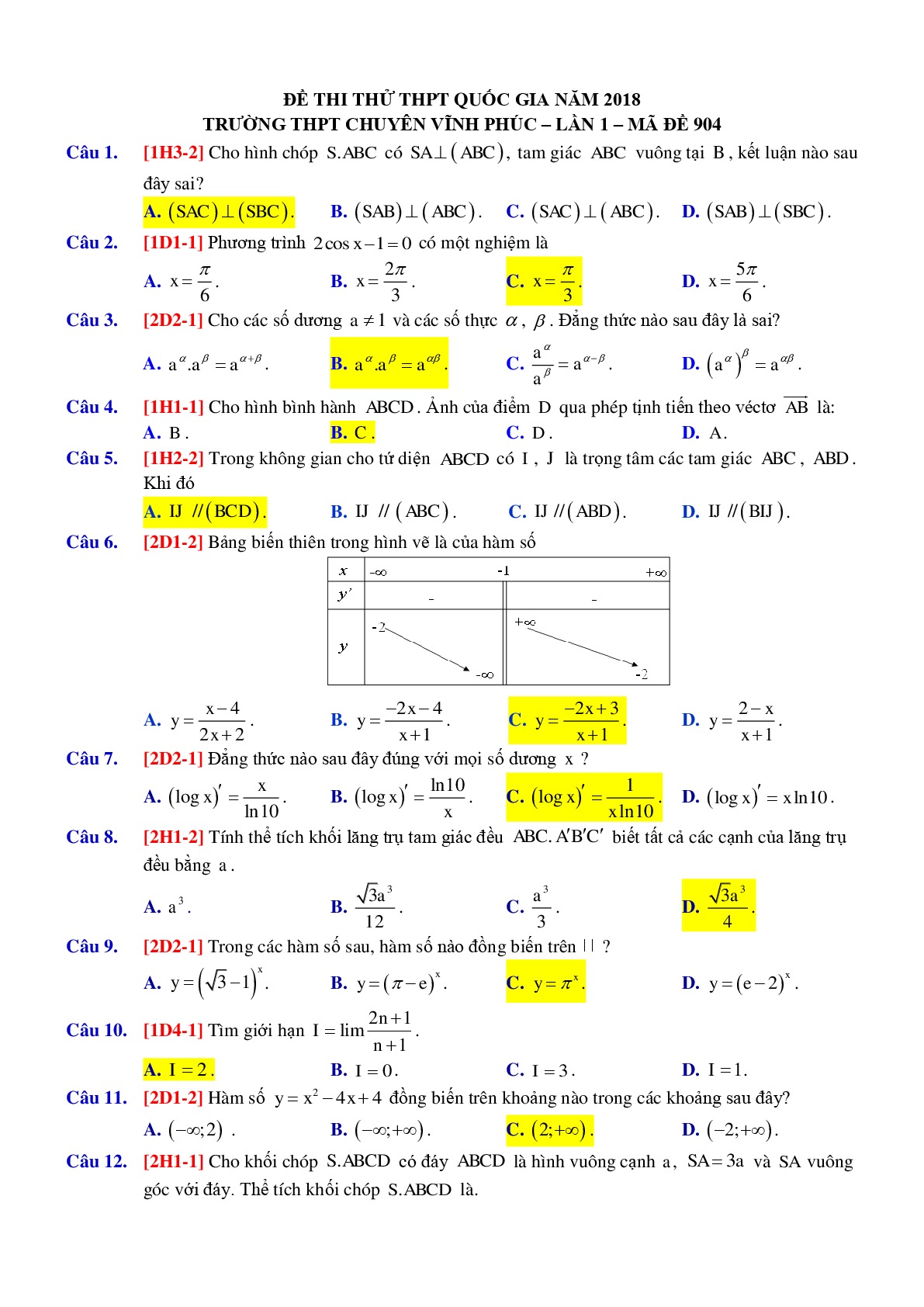 Đề 2: Đề thi thử THPTQG môn Toán năm 2018 Môn Toán Trường THPT Chuyên Vĩnh Phúc - Vĩnh Phúc lần 1 mã đề 904