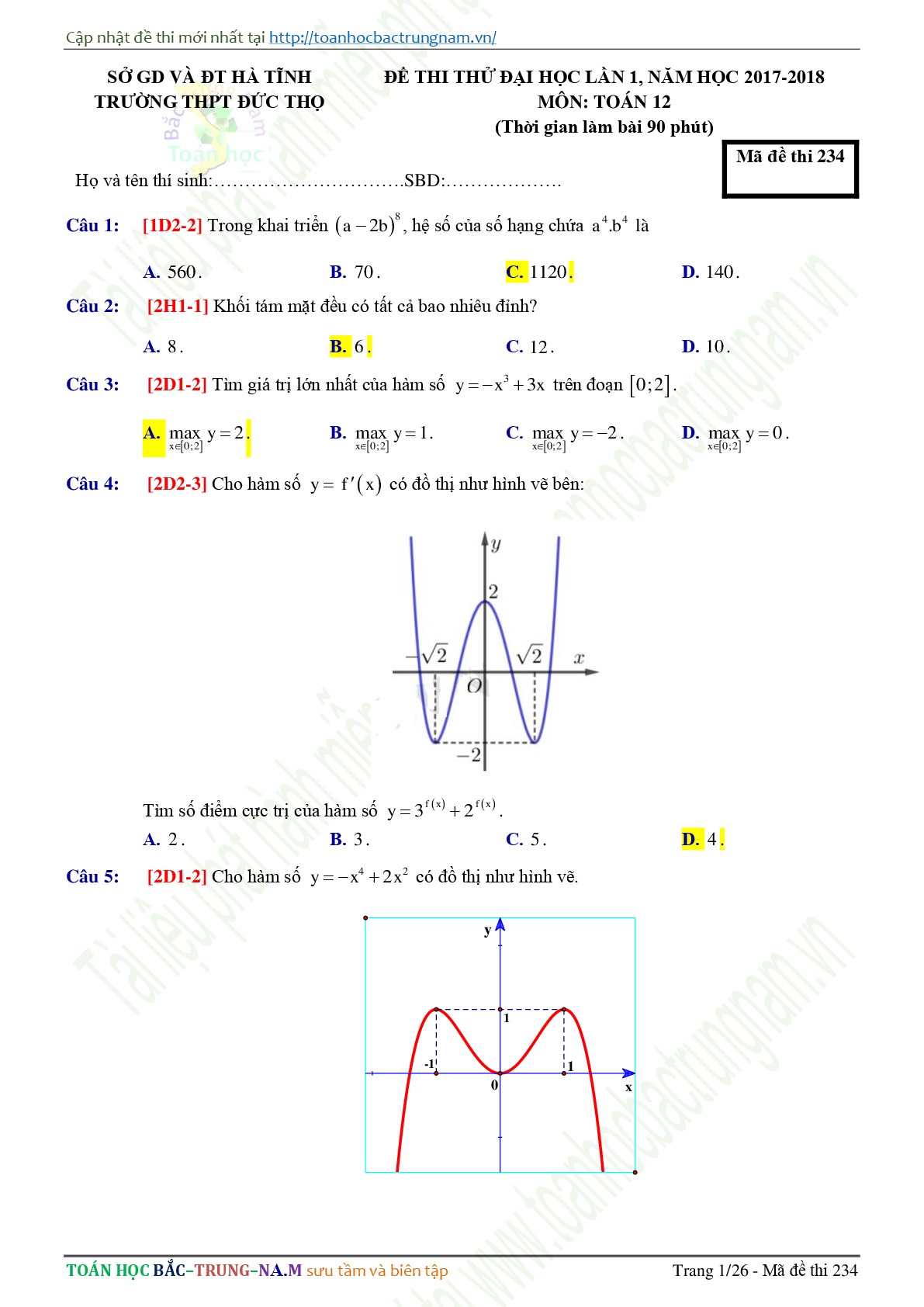 Đề 4: Đề thi thử THPTQG môn Toán năm 2018 Môn Toán Trường THPT Đức Thọ - Hà Tĩnh lần 1 mã đề 234