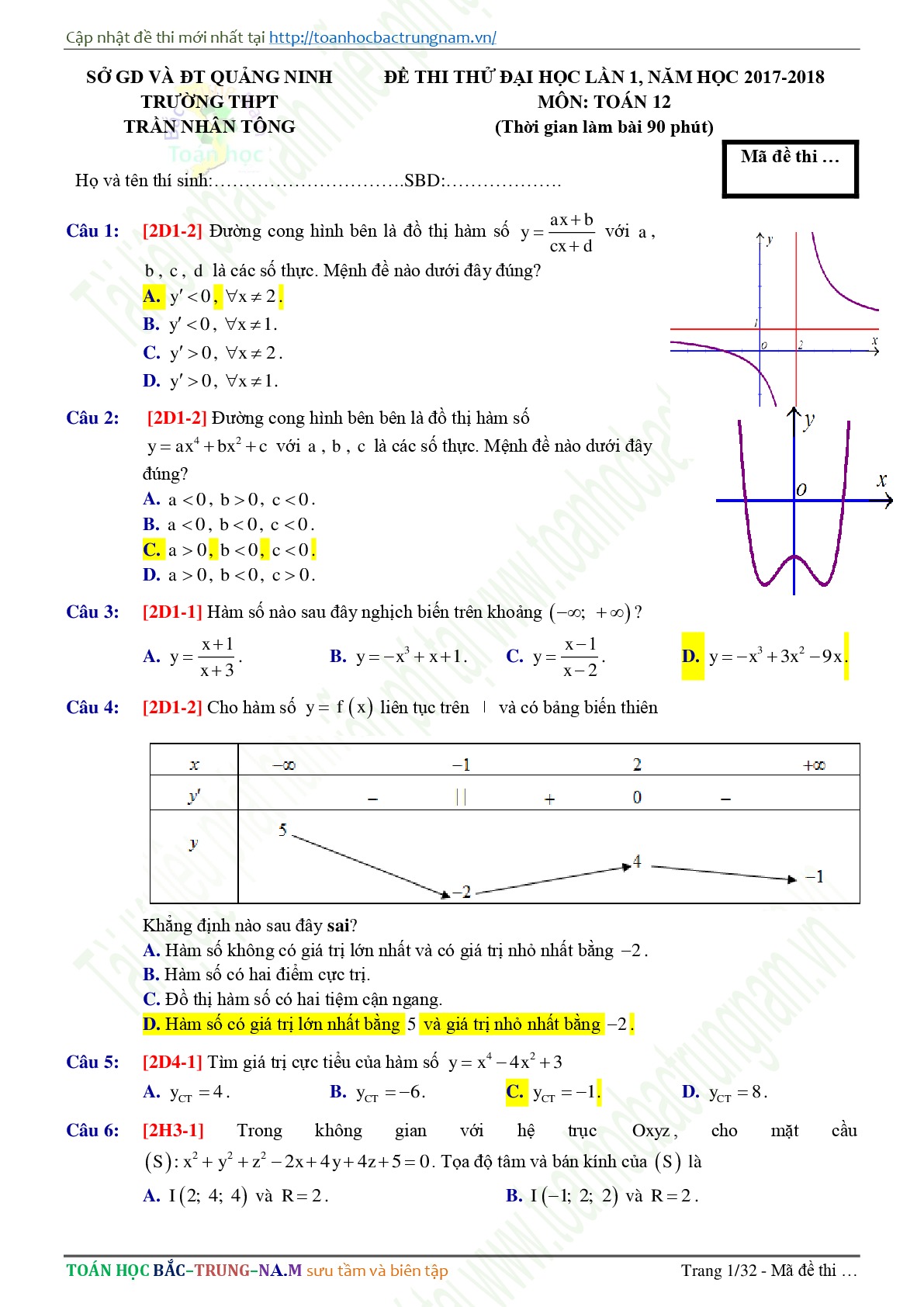 Đề 12: Đề thi thử THPTQG môn Toán năm 2018 Môn Toán Trường THPT Trần Nhân Tông - Quảng Ninh lần 1