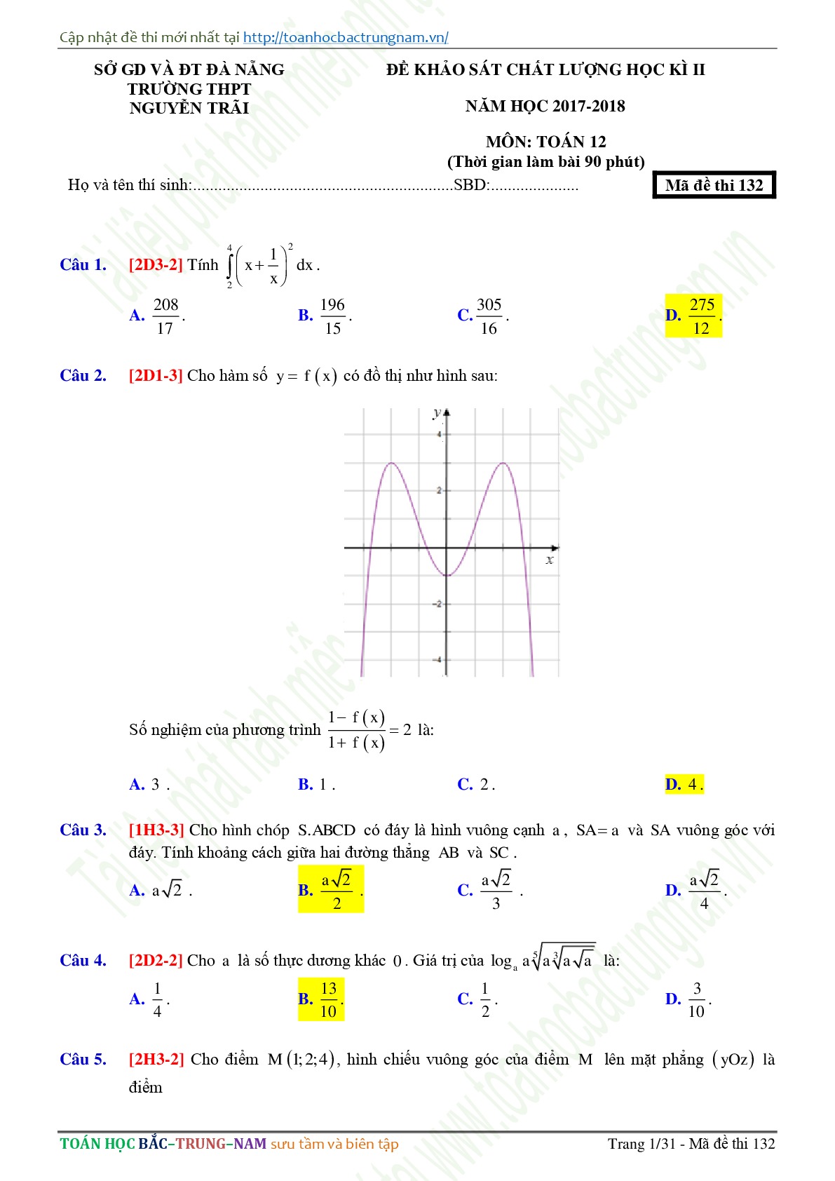 Đề 2: Đề khảo tra chất lượng THPTQG môn Toán năm 2018 Môn Toán Trường THPT Nguyễn Trãi - Đà Nẵng lần 2 mã đề 132