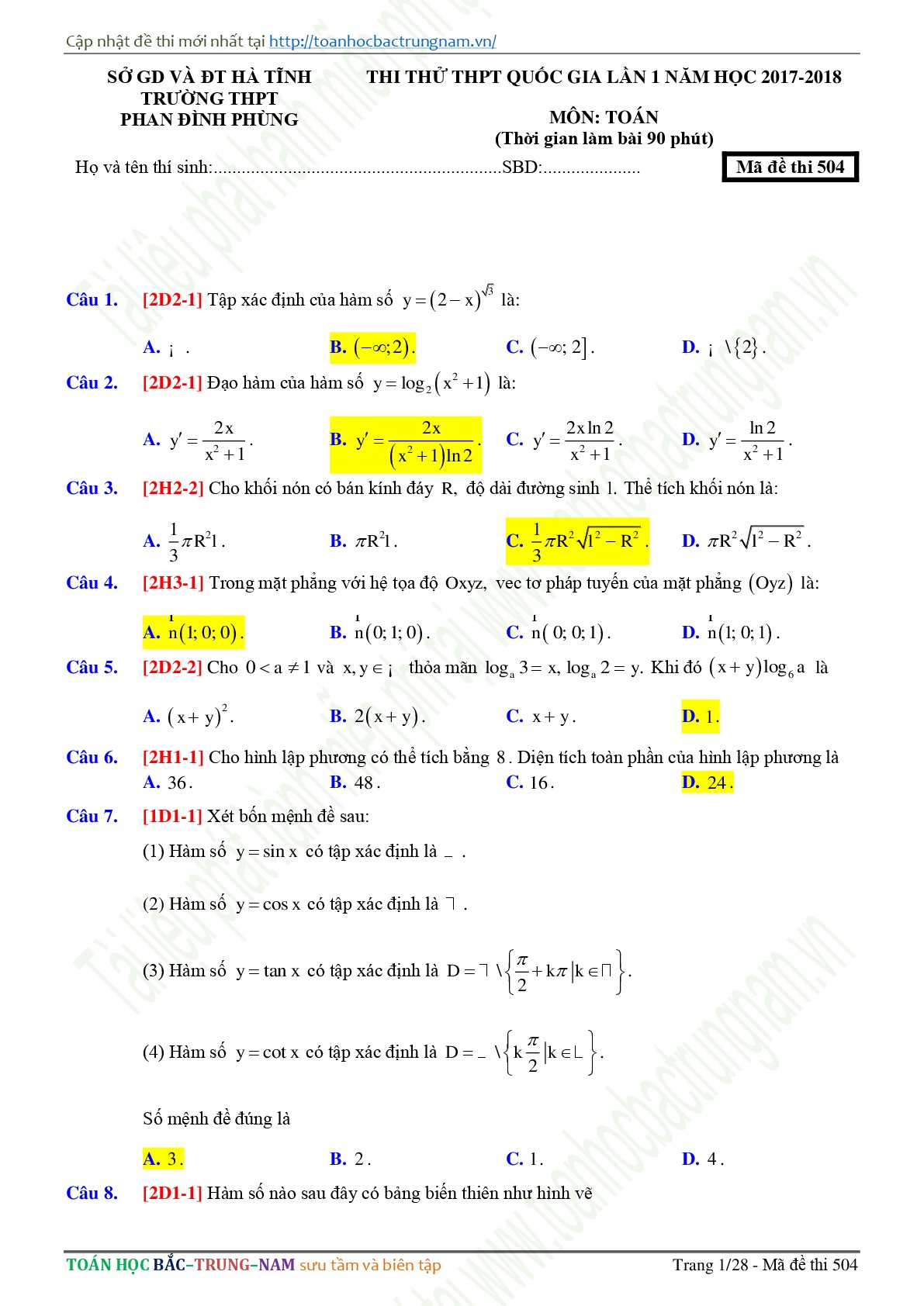 Đề 3: Đề thi thử THPTQG môn Toán năm 2018 Môn Toán Trường THPT Phan Đình Phùng - Hà Tĩnh lần 1 mã đề 504