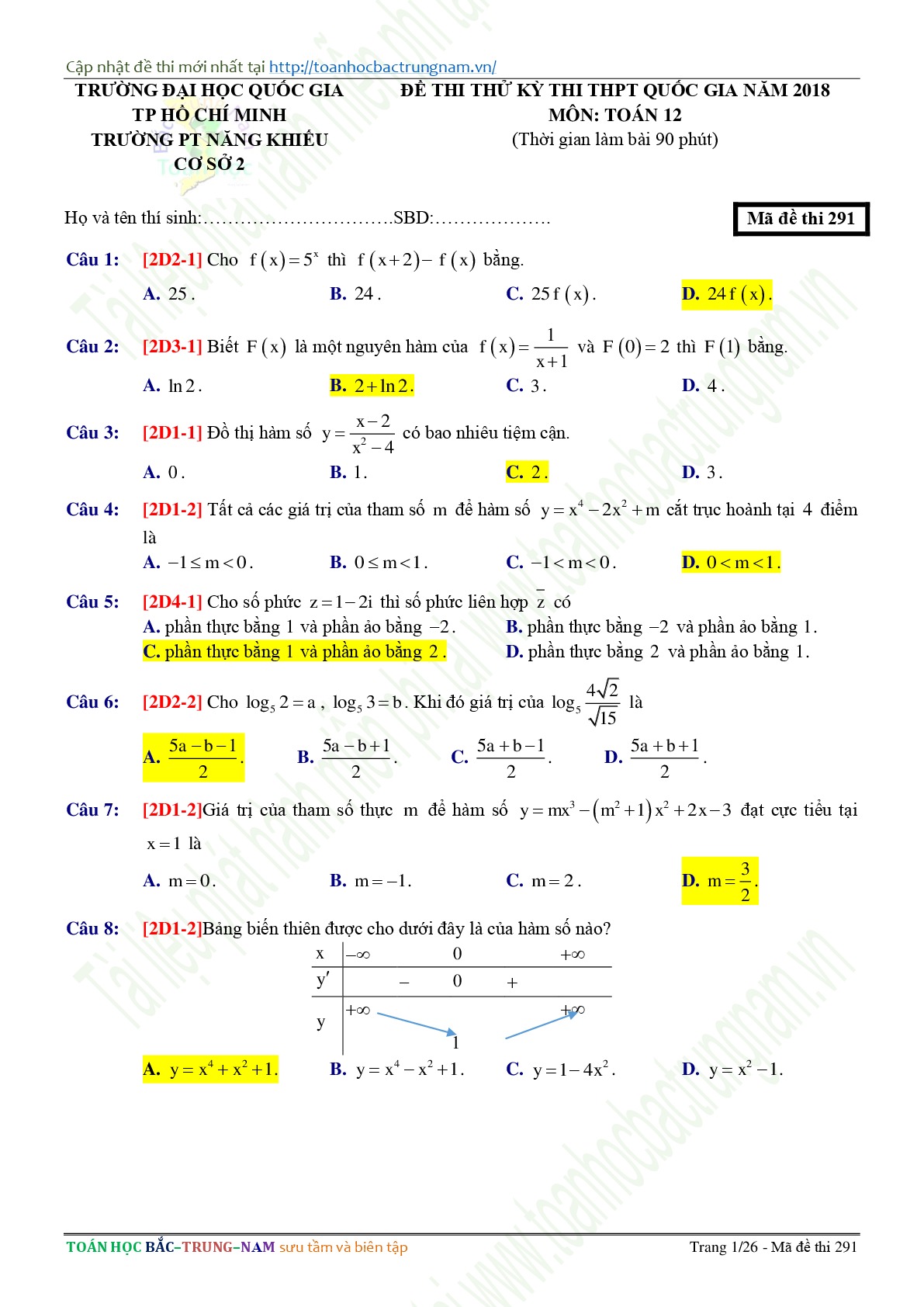 Đề 4: Đề thi thử THPTQG môn Toán năm 2018 Môn Toán Trường  ĐHQG TP.HCM  Trường PT Năng Khiếu cơ sở 2 lần 1 mã đề 291
