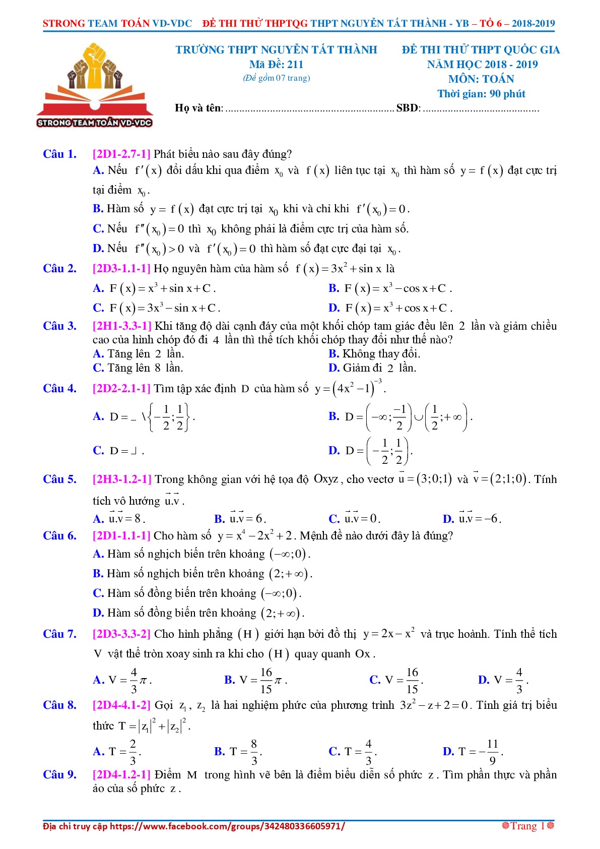 Đề 10: Đề thi thử THPTQG môn Toán năm 2018-2019 Môn Toán Trường THPT Nguyễn Tất Thành - Yên Bái lần 1 năm 2018-2019 mã đề 211