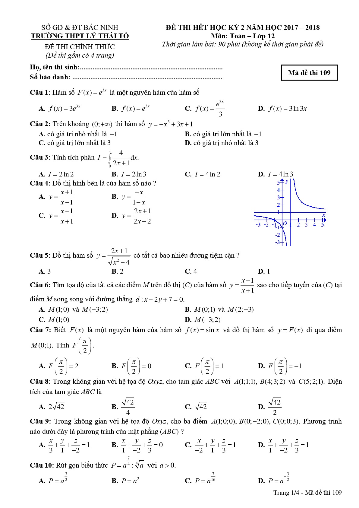 Đề 6: Đề thi hết học kỳ 2 Toán 12 năm 2017 – 2018 trường Lý Thái Tổ – Bắc Ninh Mã đề 109