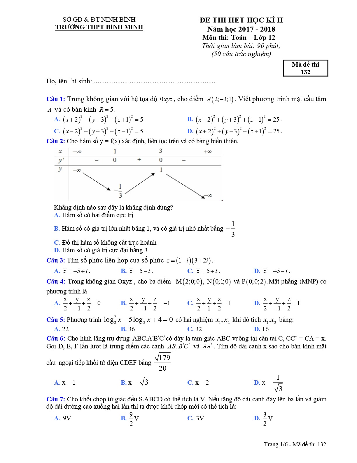 Đề 7: Đề thi hết học kỳ 2 Toán 12 năm 2017 – 2018 trường THPT Bình Minh – Ninh Bình