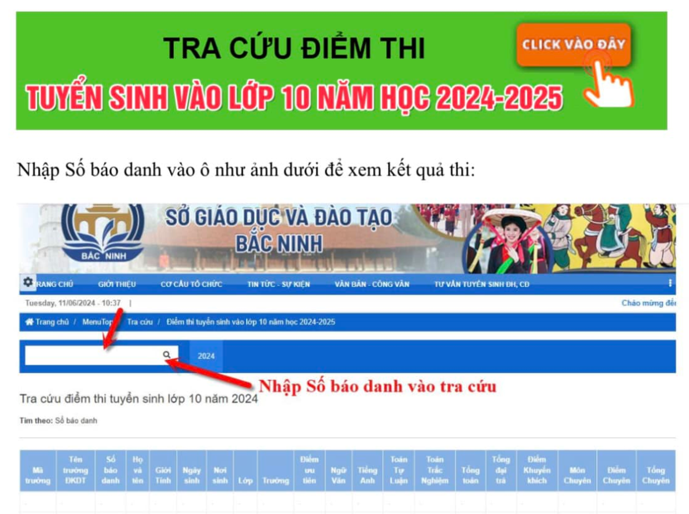 Link tra cứu điểm thi lớp 10 tỉnh Bắc Ninh năm 2024 (Ảnh chụp màn hình)